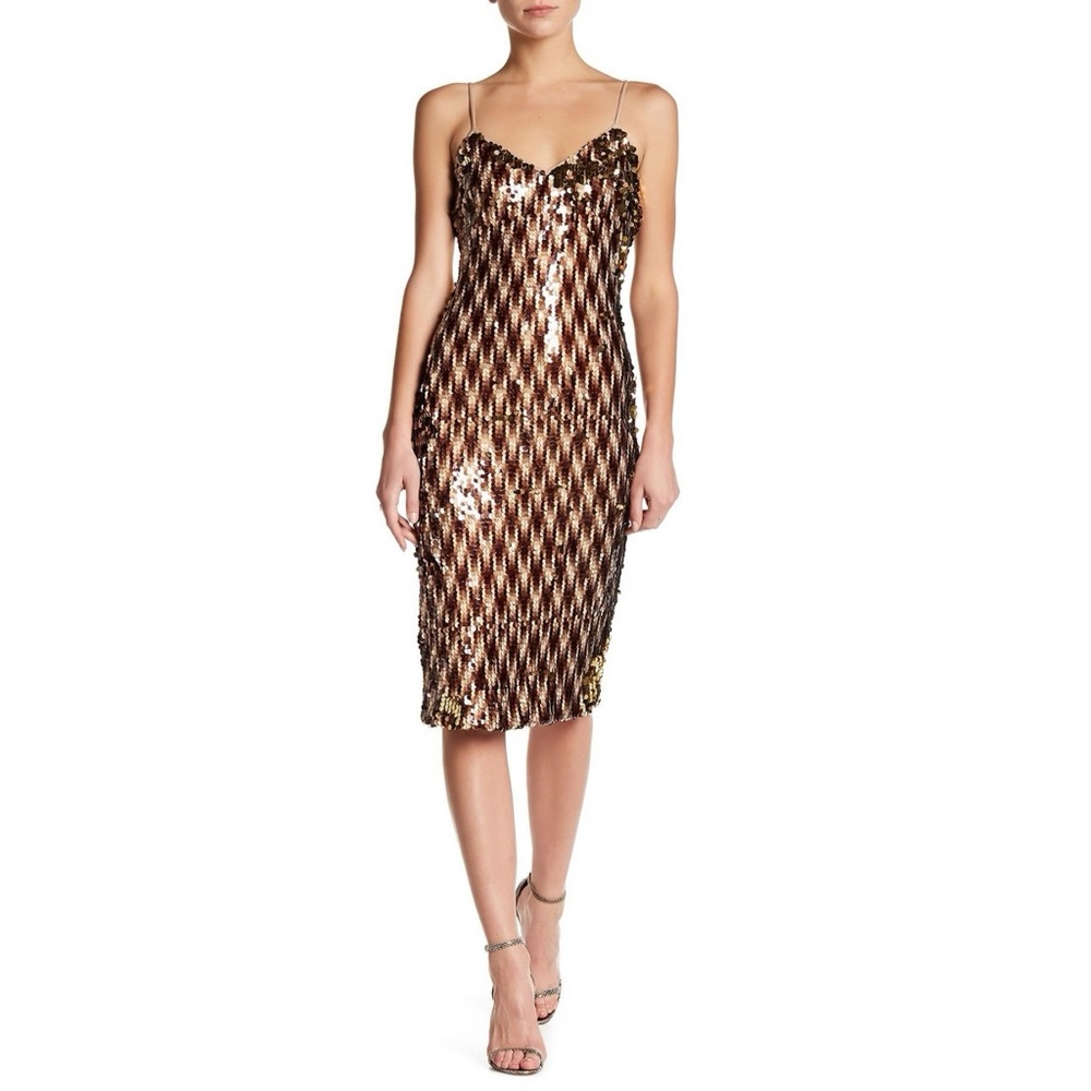 DRESS the POPULATION Nina Dress Brown Chocolate Gold Sequin Size Medium